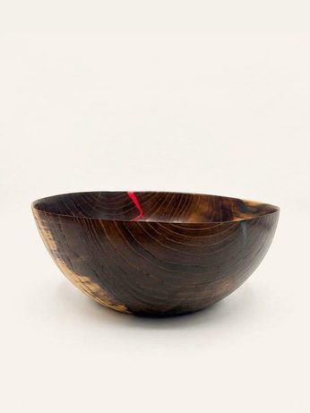 Hand-turned bowl with red and blue epoxy inlay accents