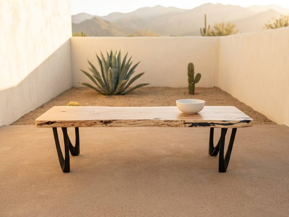 An alligator juniper live-edge coffee table on a desert patio, mountains behind