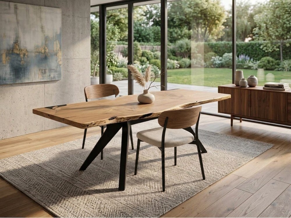 Alligator juniper live-edge dining table with two chairs in a bright room with garden views